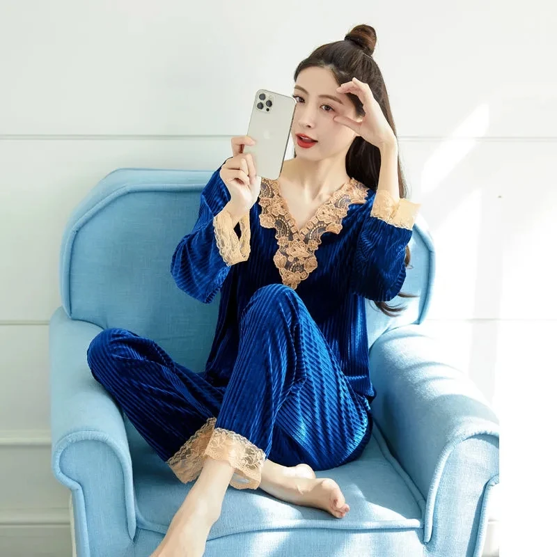 Velvet Lace Patchwork Pajama Sets Womens Spring Long Sleeve Sleepwear Casual Soft Pants Loungewear Suits Loose Nightwears