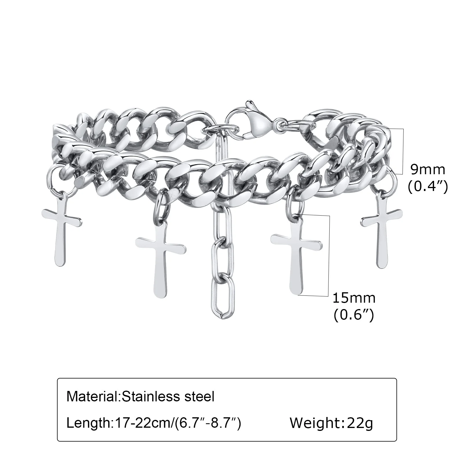 Mprainbow Mens 9MM Cuban Chain Bracelets, Waterproof Stainless Steel Link Chain Wristband with Cross Charm Gifts for Him Jewelry image 5