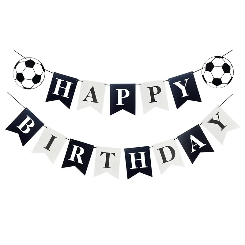 Bannière de football noir et blanc pour joyeux anniversaire, décorations de fête d'anniversaire, drapeau en queue d'hirondelle, banderole joyeux anniversaire pour garçon