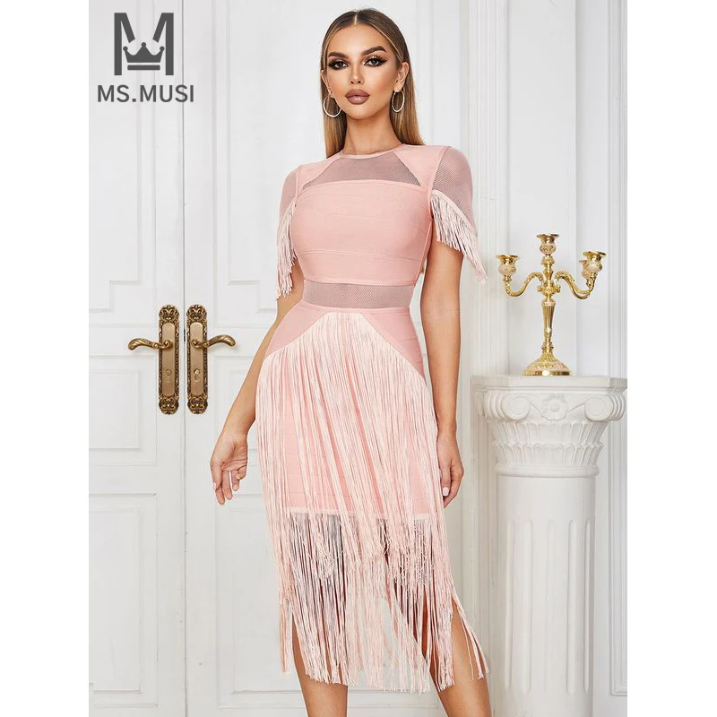 

MSMUSI 2024 New Fashion Women Sexy Tassels Lace Mesh Hollow Out Short Sleeve Bandage Bodycon Party Club Event Slim Midi Dress