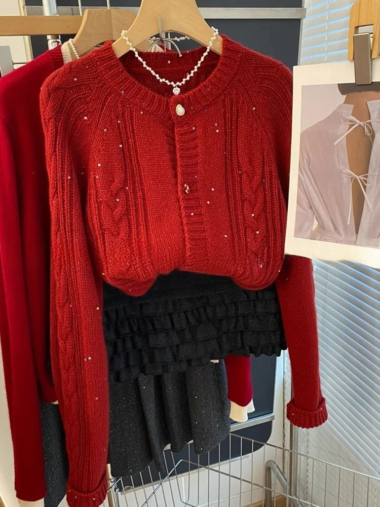 

Новогодний вязаный кардиган с красными пайетками Long Sve round Ne Удобная модная верхняя одежда Свитер Корейский Sle Обычный...