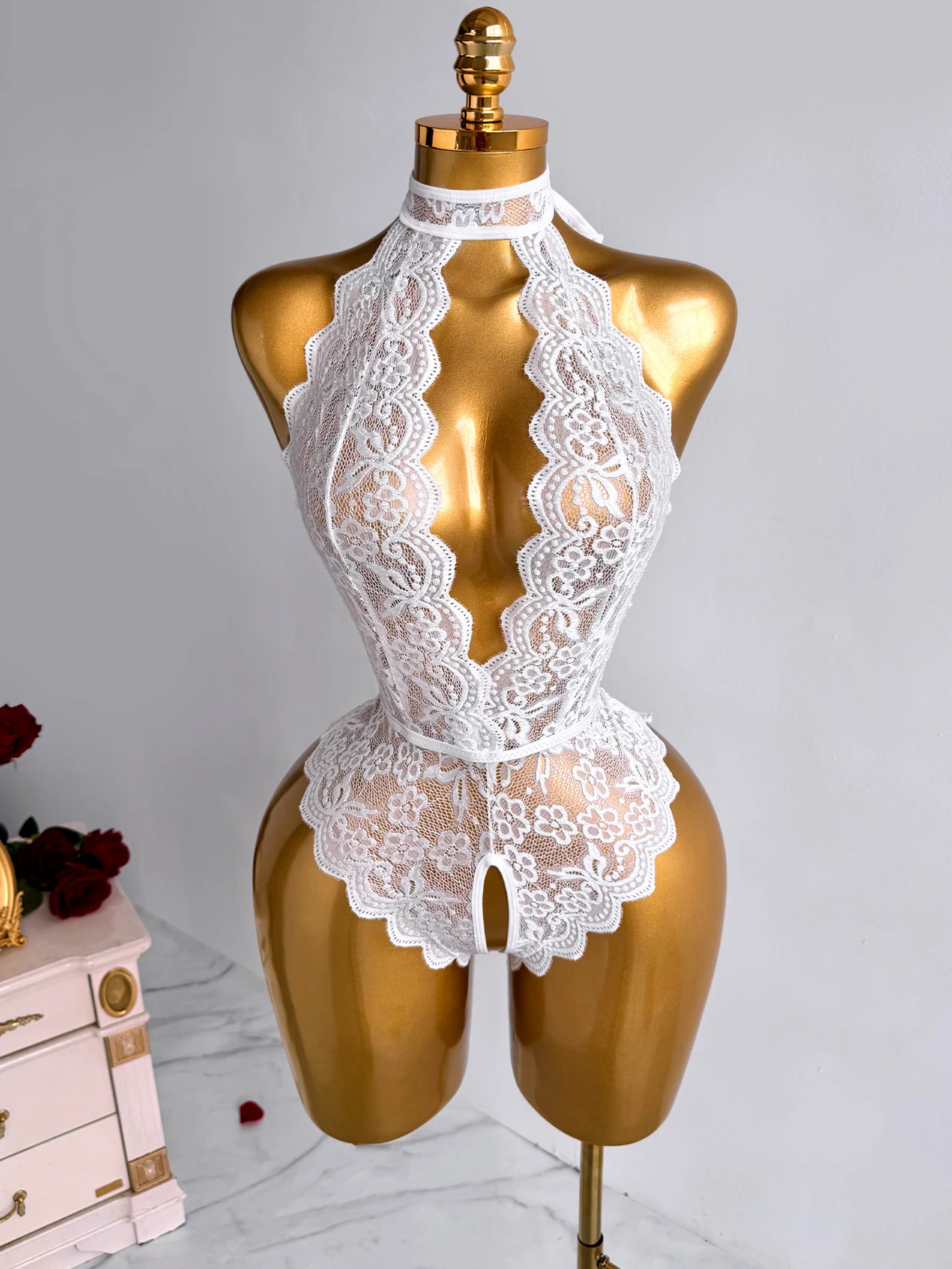 White Halter Neck Floral Lace Teddies Lingerie Women Deep V Sheer Open Crotch Bodysuit Backless Intimate Nightwear For Valentine view 2