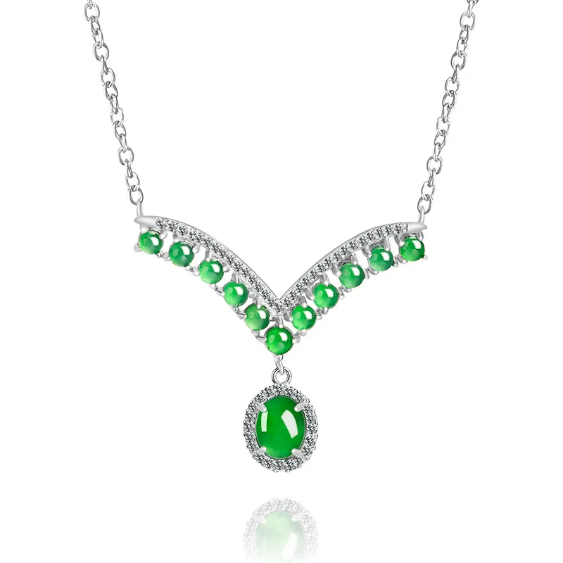 High-End Natural a Cargo Green Surface S925 Silver InlayJade Stone Women's Fashion Pendant Chain Set