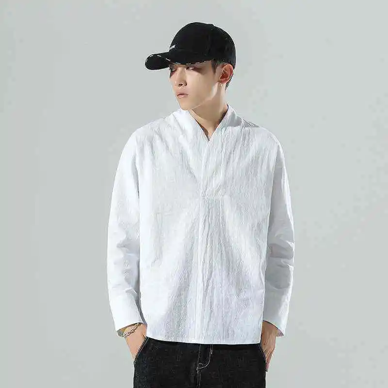 Jesienna męska koszulka z bawełny i lnu, luźna, z długim rękawem, efekt lodu, ochrona przed słońcem, przetwarzana technologią adual Sle ly ulation Dai...