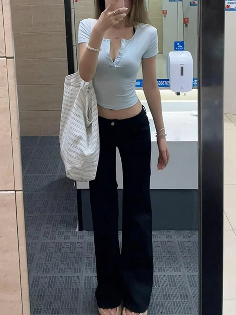 

Retro Low Waist Black Washed Denim Jeans Women's Summer Y2K Millennium Style Slimming Flared Pants Vintage High Waist
