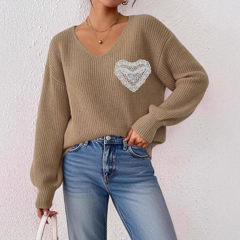 秋と冬のセーター レディース Vネックセーター レース象嵌 ブリックボウとインターフェースバッグ付きプルオーバートップ