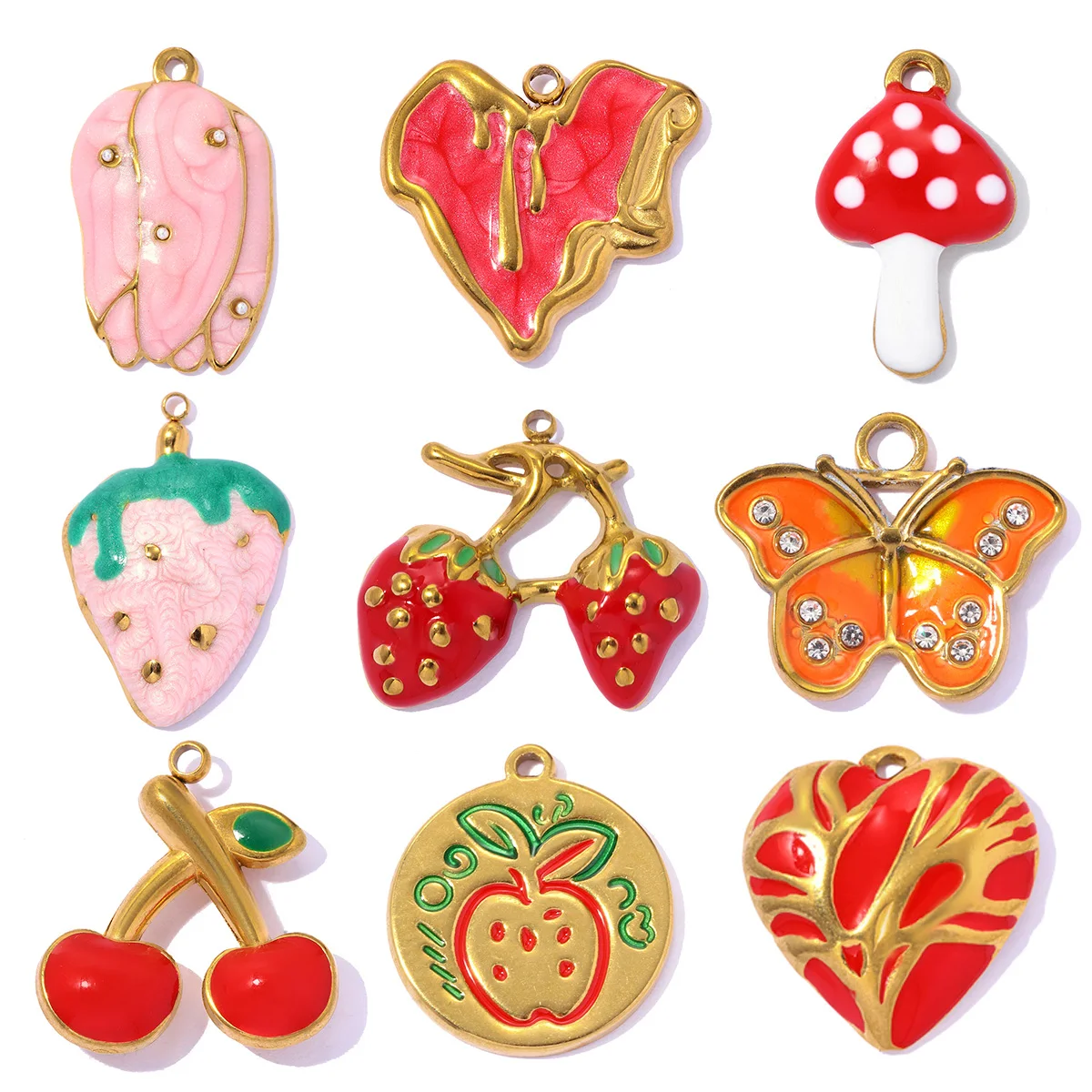 3pcs/Lot Stainless Steel Enamel Apple Strawberry DIY Charms Cherry Mushroom Necklace Pendants Butterfly Shoe Accessory Wholesale