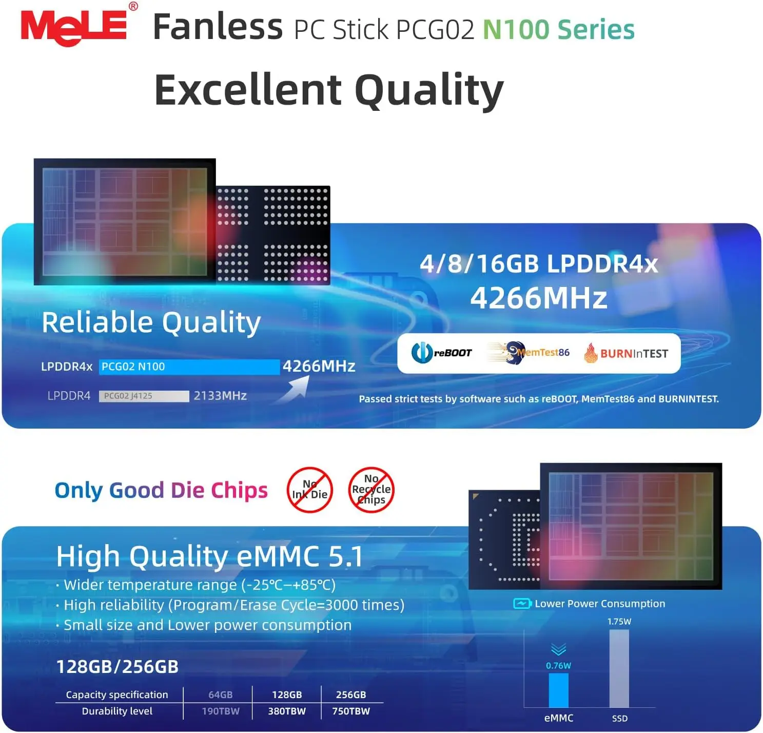 MeLE PCG02 Mini PC Stick senza ventola, micro computer desktop N100 da 8 GB 128 GB 256 GB, supporto accensione automatica, Wi-Fi5 Gigabit Ethernet