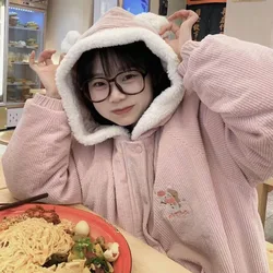 Japan Style Corduroy Jacket Women Cute Embroidery Bear Snowman with Ears Thick Hooded Kawaii Cotton Jacket 2024 New Winter