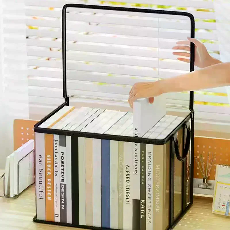 Clear Transparent Storage Box With Dustproof Lid And Portable Handles For Organizing Books Magazines Home Office Study