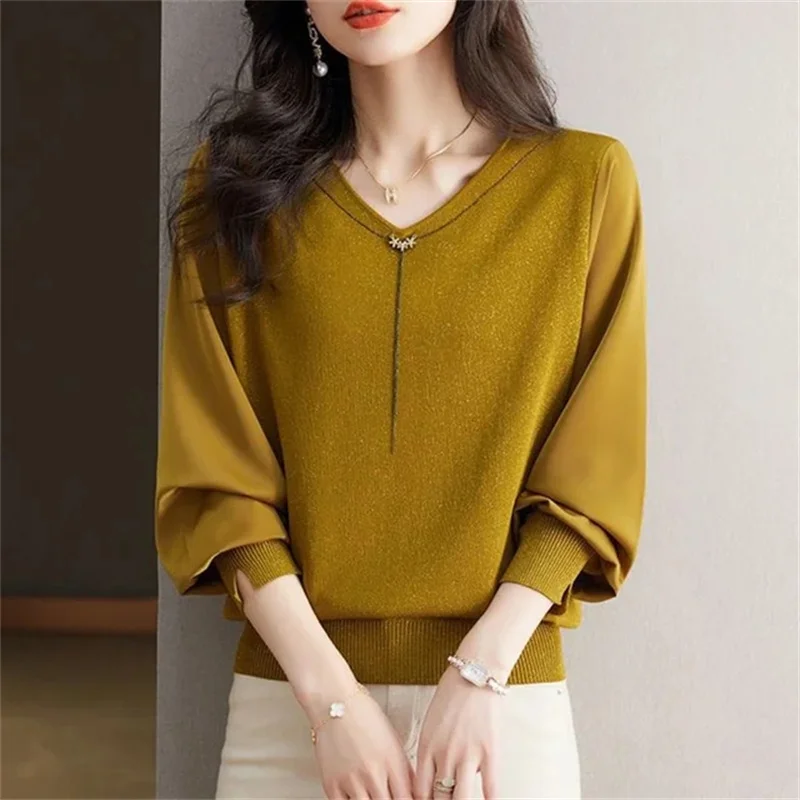 

New Fashion Pullover V-Neck Ice Silk Sweater Women Spring Autumn Loose Bright Silk Stitching Thin Knitting Ladies Primer Shirt