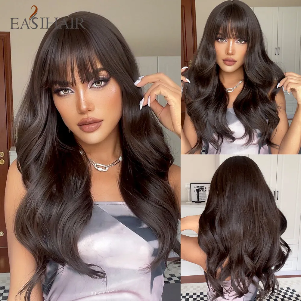 EASIHAIR Long Brown Black Wavy Synthetic Wigs with Bang Natural Wave Hair Wig for Black Women Daily Cosplay Heat Resistant Fiber