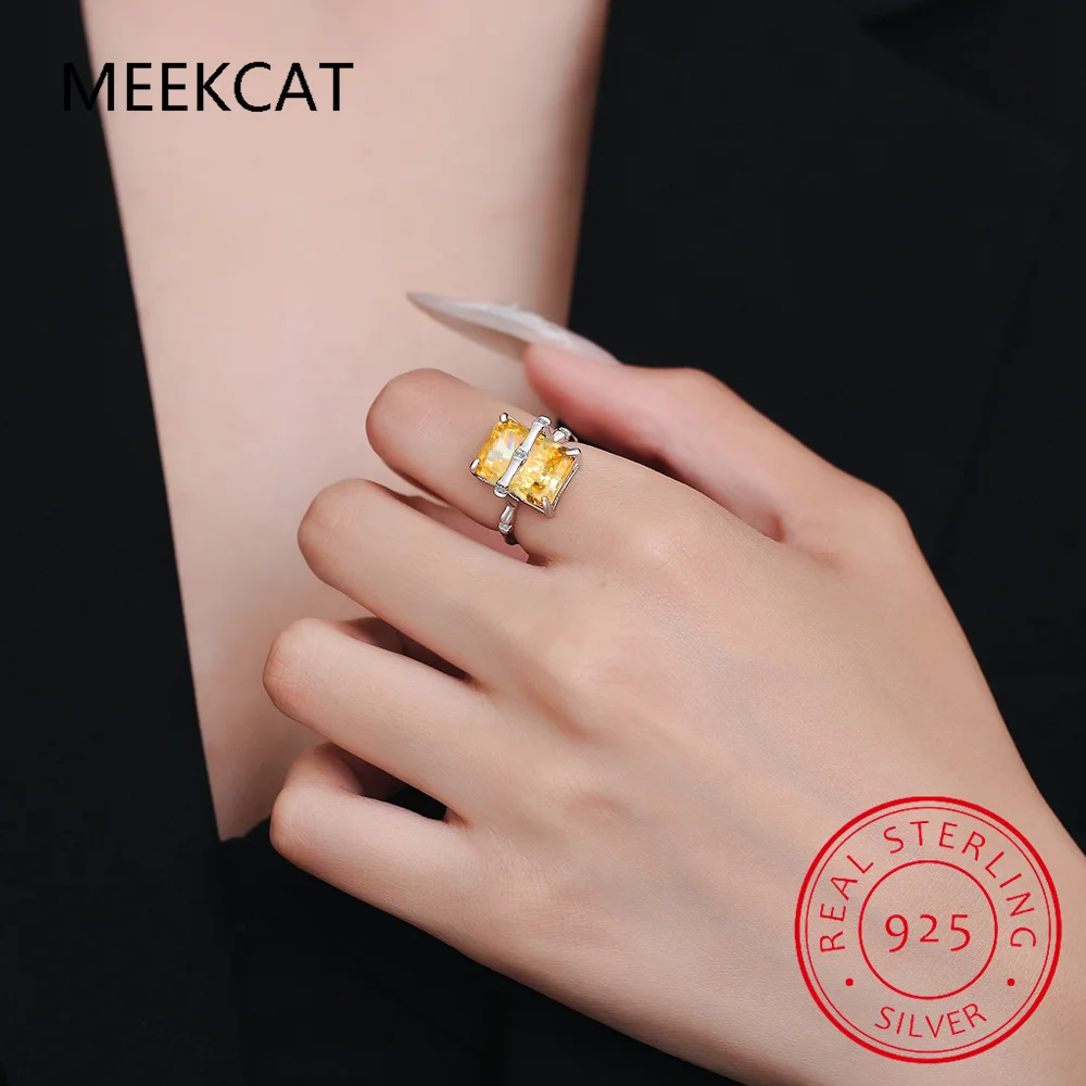 Emerald Cut Natural Yellow Citrine 925 Sterling Silver Bamboo Joint Open Ring for Women Gemstone Fine Jewelry Anillos de Prata