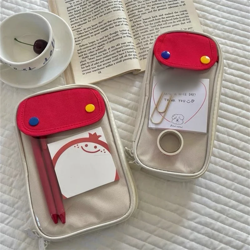 Large Capacity Pencil Bag Retro Contrast Color Student Pencil Case Multifunction Canvas Zipper Stationery Storage Bag 2024