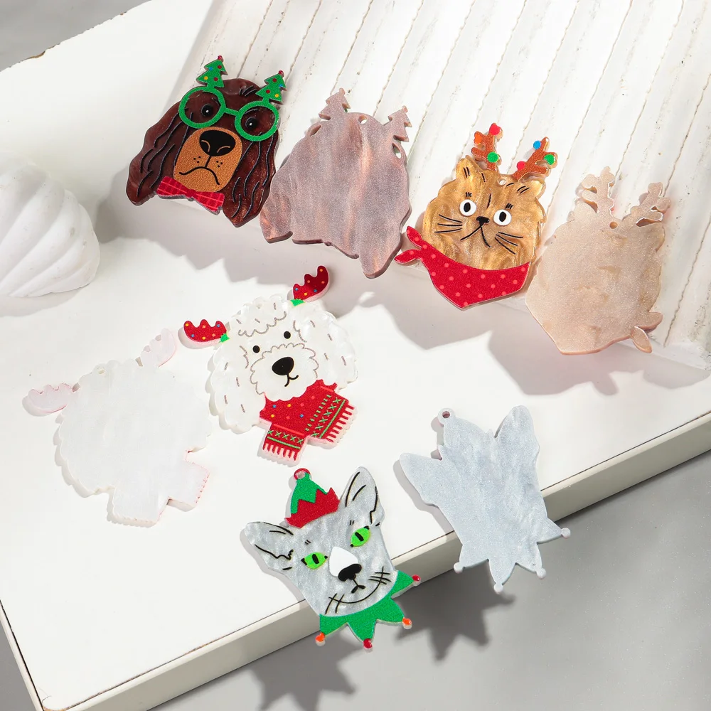10pcs/lot Christmas Cartoon Animal Acrylic Charms Cute Dog Cat Sheep Pendant for DIY Jewelry Making Earring Keychain Accessories