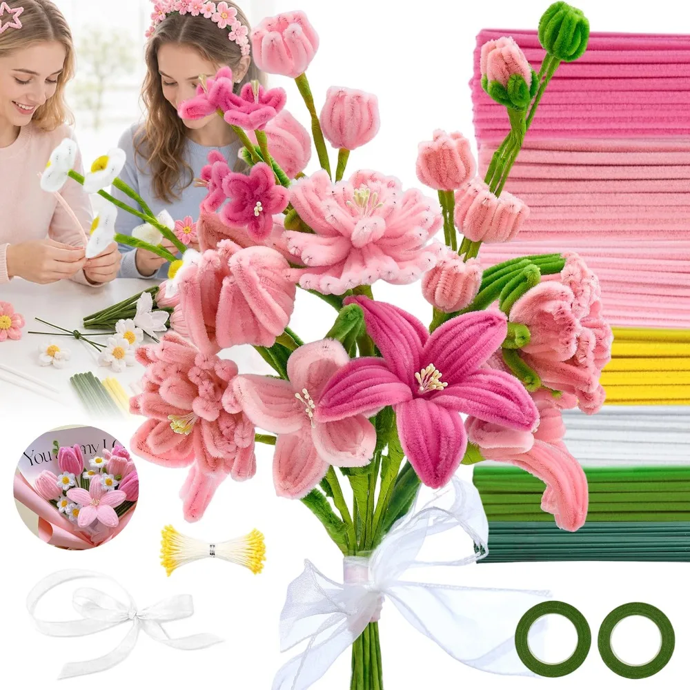 Kit de 420 tiges de chenille pour fleurs, avec tiges de chenille moelleuses de 8 mm et tutoriel vidéo, pour la création de bouquets de lys et de tulipes roses – Un cadeau artisanal idéal pour la reconnaissance des enseignants, les surprises pour meilleures amies et les moments de lien familial chaleureux