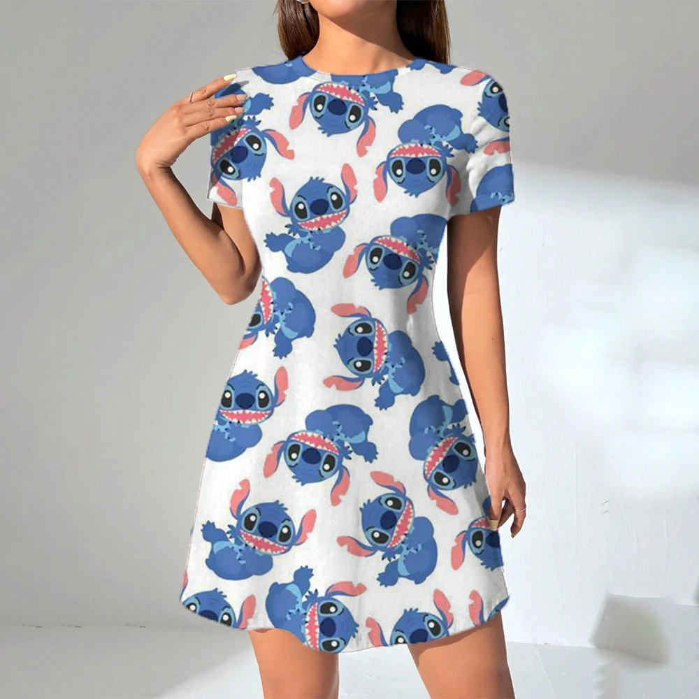 Disney Stitch Lilo พิมพ์ชุดฤดูใบไม้ผลิฤดูร้อนน่ารักเดท Ditsy การ์ตูนแขนสั้น O คอ Mini Cami ชุดลําลองสําหรับสตรี