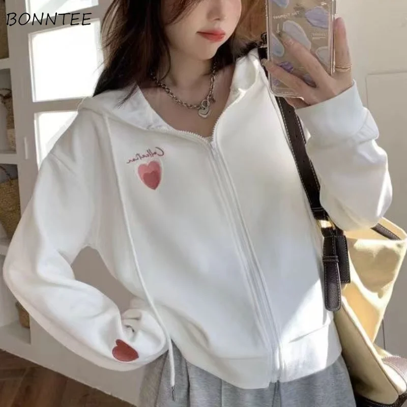 Hoodies Women Heart Embroidery Sweet Preppy Style Spring Casual Cozy Zipper Korean Fashion Loose BF Ins Female Chic Streetwear