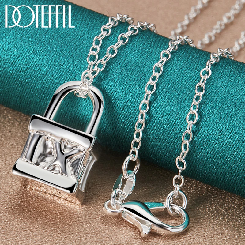 

DOTEFFIL 925 Sterling Silver Solid Square Lock Pendant Necklace 18-30 inch Chain For Women Man Charm Fashion Jewelry