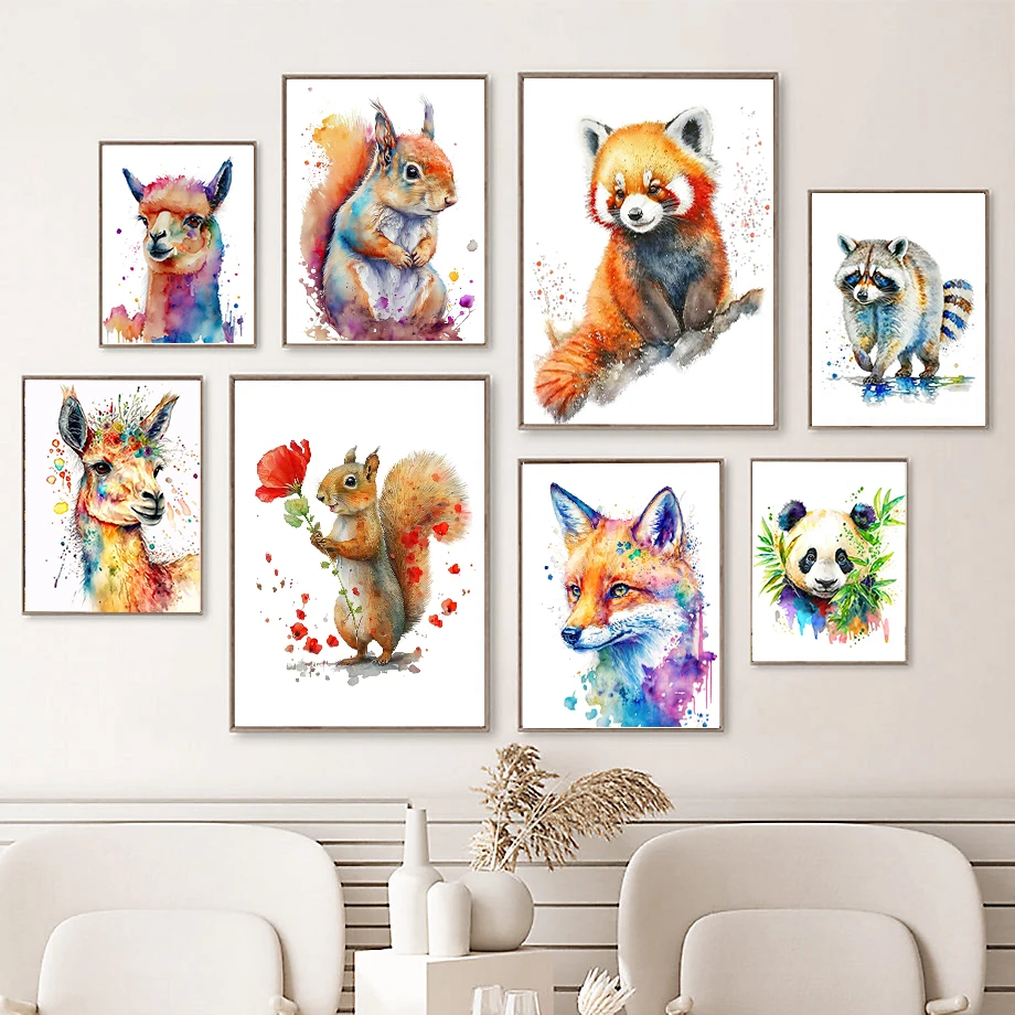 

Alpaca Squirrel Raccoon Red Panda Fox Giant Panda Watercolor Art Fashion Wall Art Canvas Painting Nordic Poster Room Decor