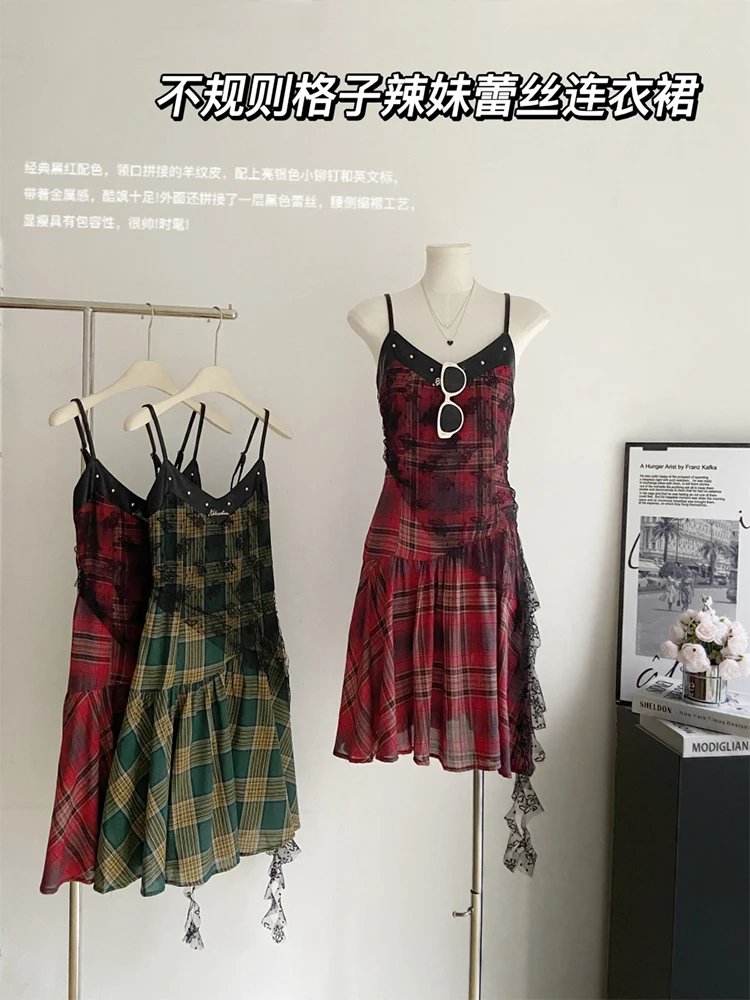 Women Red Plaid A-line Lace Dress Vintage Elegant Sleeveless Off Shoulder Dresses Emo Y2k One Piece Frocks 2000s Clothes Summer