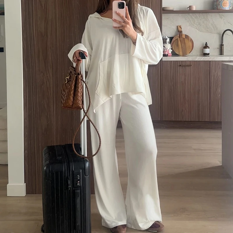 

Women 2 Piece Set Lazy Style Outfits Loose Fit Pullover Hoodies T-shirt + Wide Leg Pants Casual Lounge Matching Suit Streetwear