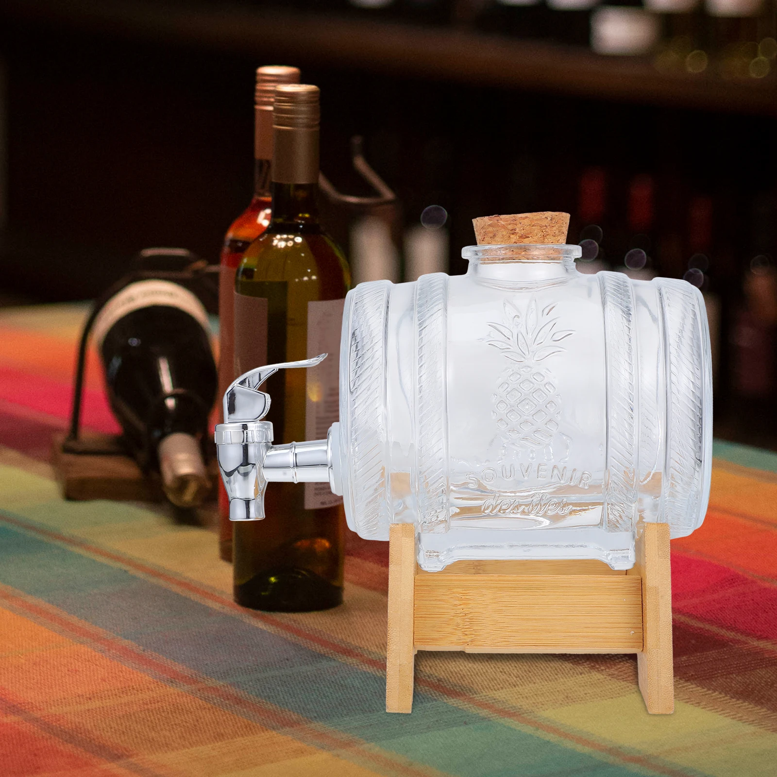 

1Set Glass Wine Barrel Dispenser Vintage Beverage Barrel Elevator Stand Practical Wine Dispenser for Brandy Whisky Vodka