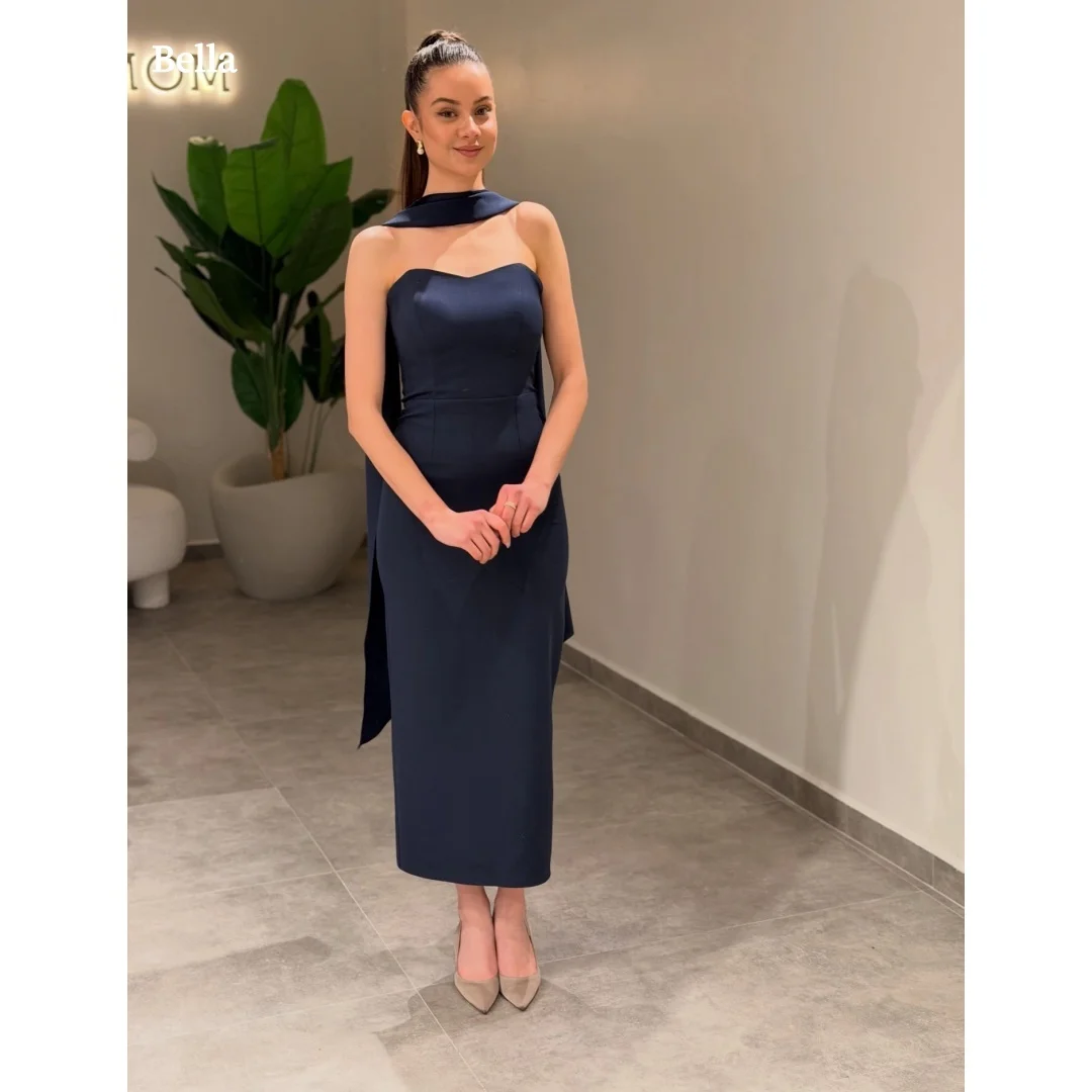 

Bella Customized Navy Strapless Prom Dress with Halter Neck Sash and Midi Sheath Skirt, Elegant Formal Evening Gown Party Dress