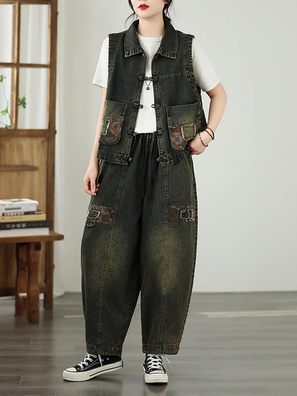 

Spring Vintage Embroidered Button down Denim Harlan Vest Washed Patchwork Two-Piece Set Women's Loose Fit Fashion Ensemble