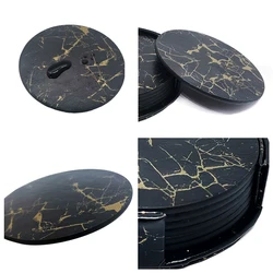 6PCS Hot Sale PU Leather Marble Coaster Drink Coffee Cup Mat Easy to Round Tea Pad Table  Holder Clean Placemats coaster set