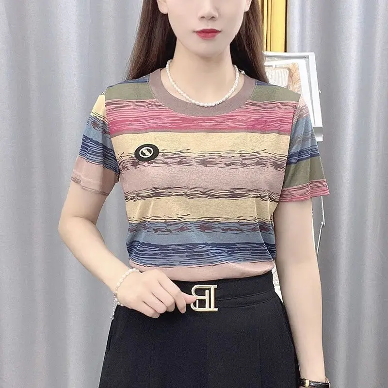 

Short Sleeve T-shirt Female's 2024 Summer New Flab Hiding All-Matching Youthful-Looking Striped Tops Women O-neck T Shirt