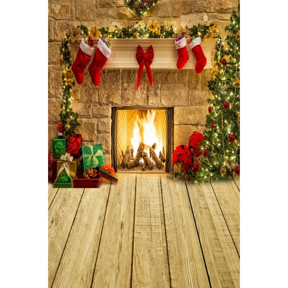 Frohe Weihnachten Hintergrund für Fotografie Kamin Holzboden Weihnachts baum Geschenke Winter Familien feier Kinder Baby Porträt Backgroun