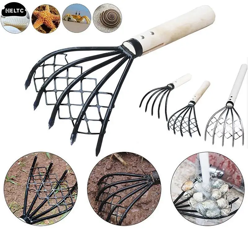 Clam Rake With Net 5 Claw Wood Handle Rake Shell Digging Tool Dig Seafood Toos Weeding Farming Tool Wood Handle Pitchfork New