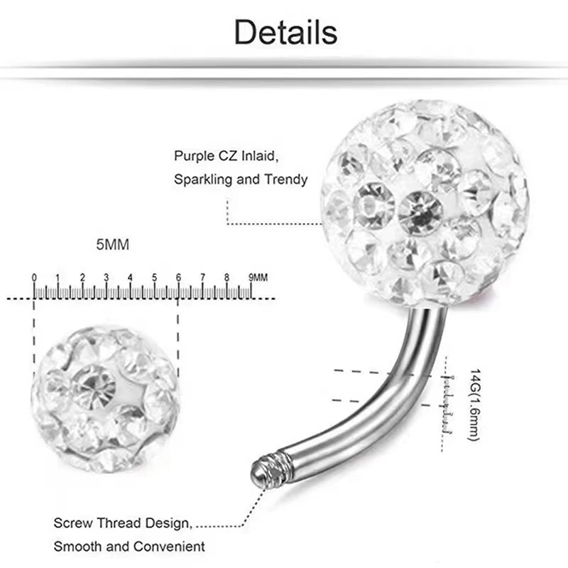 1PCS Crystal Ball Belly Button Rings Stainless Steel Zircon Navel Piercing Belly Piercing Cute Navel Bar