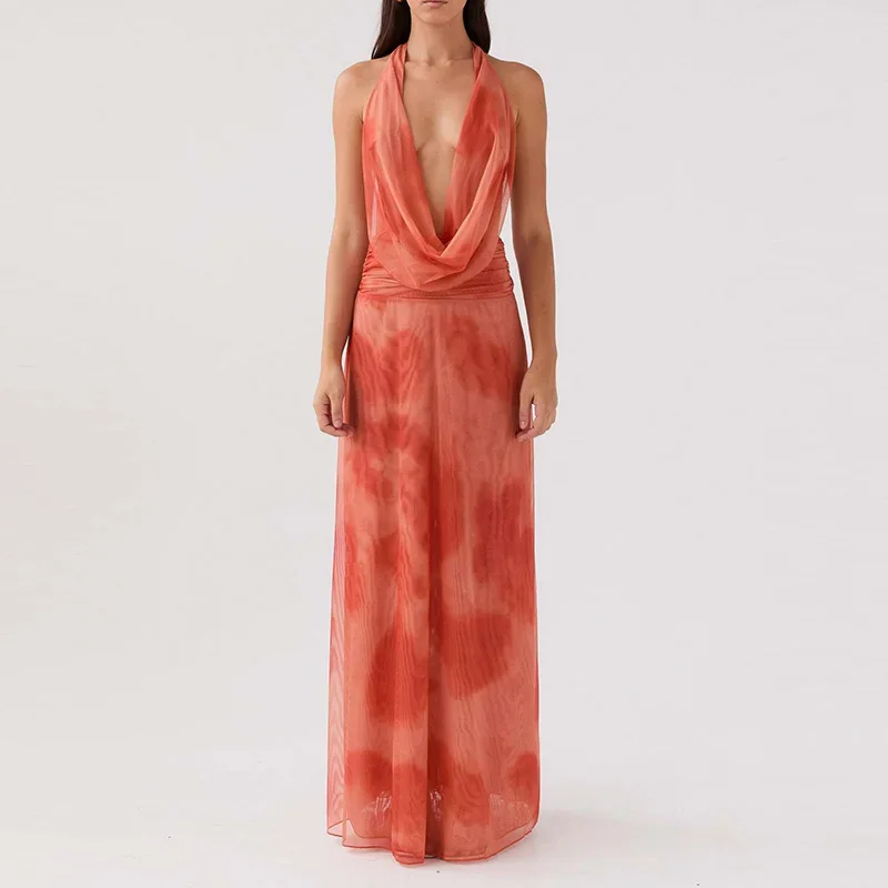 

High Street Scarf Collar Halter Blouse Tops&Long Skirts Suit 2025 Pattern Print Loose Two Piece Outfits Women Sexy Dresses Set