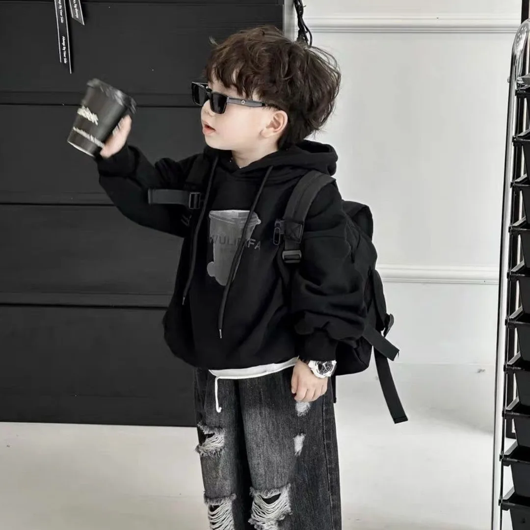 Boys\' Hoodies Hole Jenas Two-piece Set 2024 Spring Autumn New Korean Fashionable Printed Sweatshirt Children\'s Clothes Suits