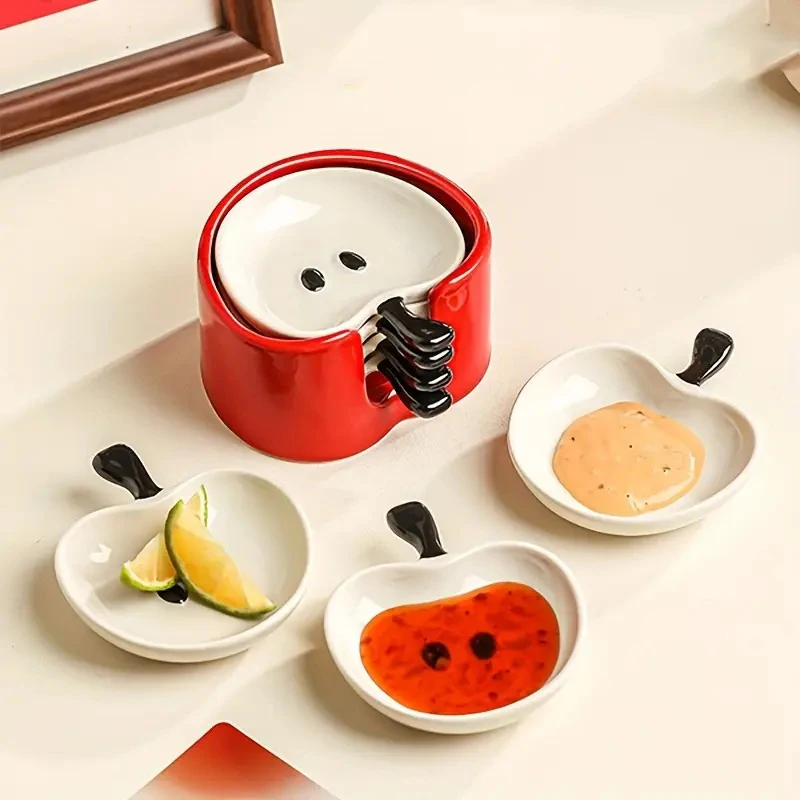 

4-Piece Ceramic Dipping Sauce Set with Stand - Cute Cartoon Small Bowls for Soy Sauce, Wasabi, Hot Pot〔YY33〕