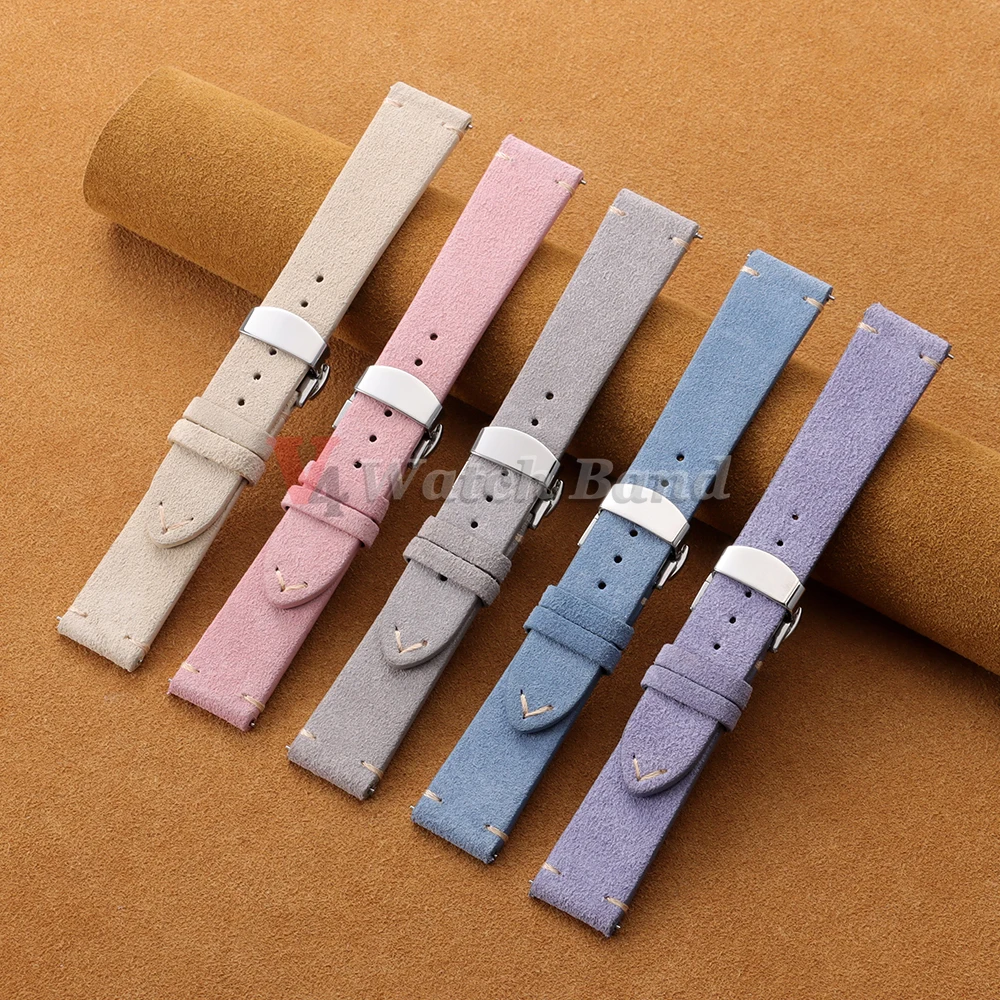 Vintage Suede Cowhide Watch Strap for Omega for Seiko 14/16/18/19/20/21/22mm Butterfly Buckle Bracelet Men Women Sport Wristband
