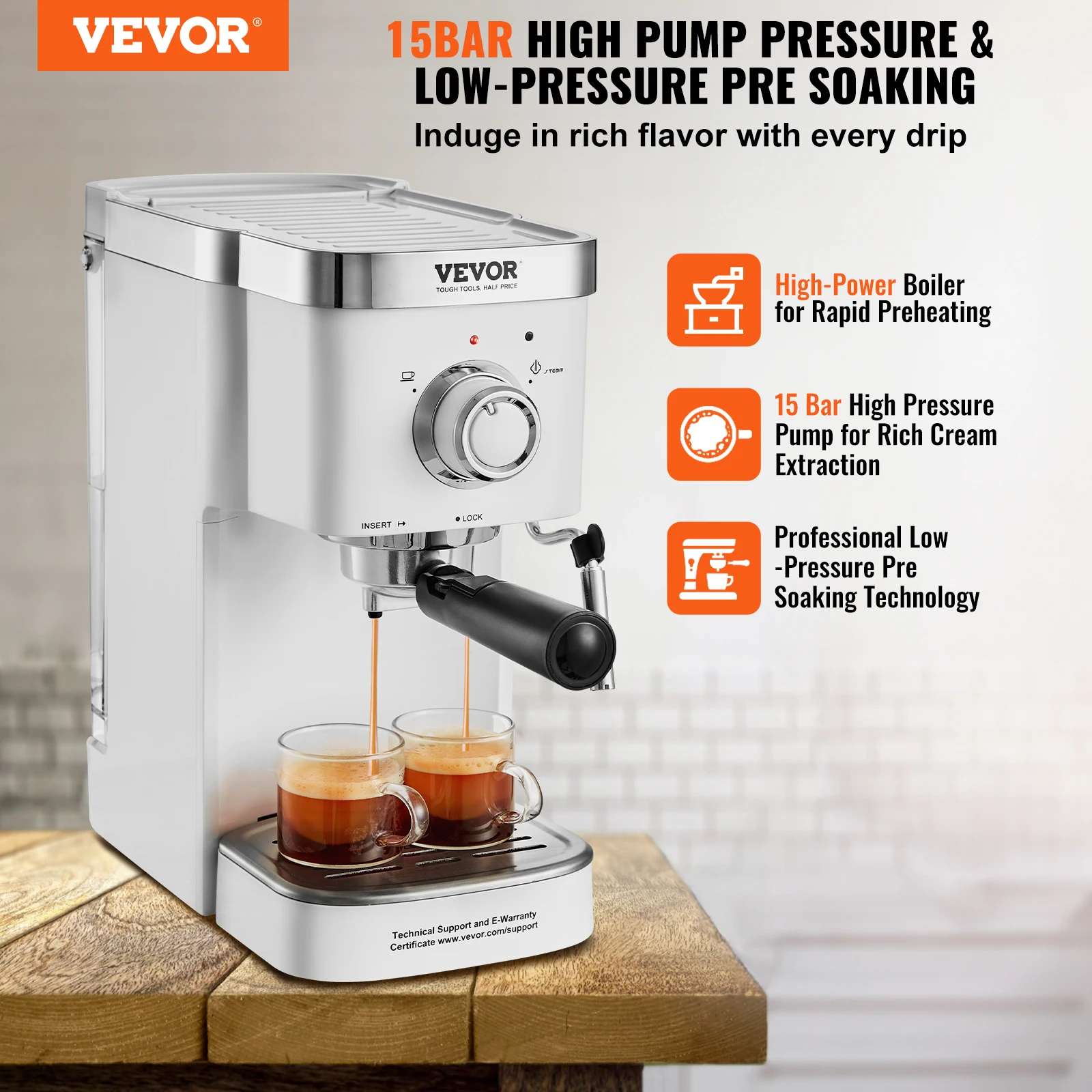 VEVOR-Máquina De Espresso Semi-Automática, Máquina De Café, Frother De Leite, Varinha De Vapor, Máquina De Cappuccino Profissional, 15Bar