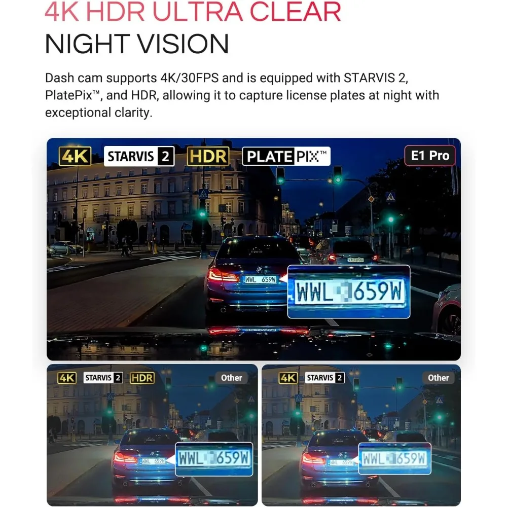 كاميرا Vantrue E1 Pro 4K Mini Dash Cam الأمامية، كاميرا سيارة STARVIS 2 PlatePix HDR للرؤية الليلية، مدمجة 5G WiFi GPS، شاشة IPS 1.54 بوصة،