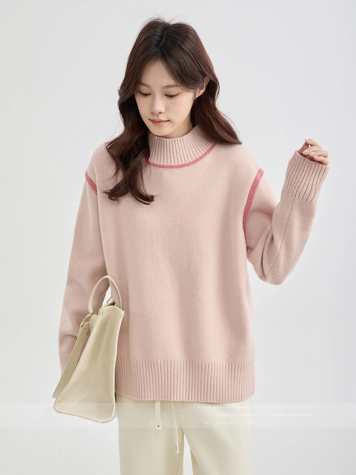 

MoZao Women's Loose Knitted Sweater round Neck Long Sleeve Pure Color Patchwork Design Comfortable Feeling Autumn Winter Top