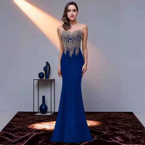 MisShow Royal Blue Mermaid Evening Dress Strapless Lace Embroidery Illusion Shoulder Slim Fit Long Prom Gown Formal Party Dress