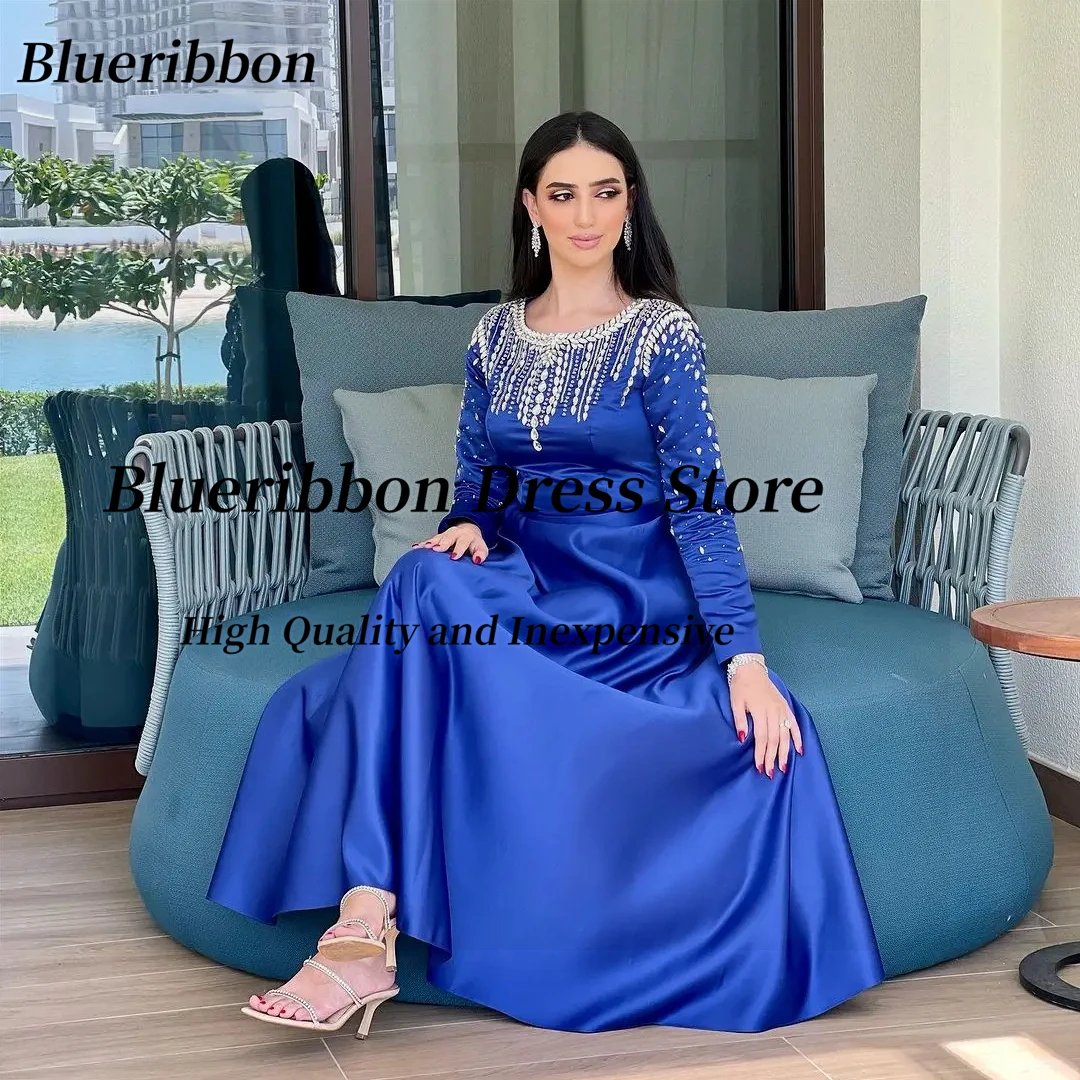

Blueribbon Королевские синие платья для выпускного вечера с длинными рукавами, индивидуальные вечерние платья с бисером и кристаллами, платье на молнии сзади для особых случаев