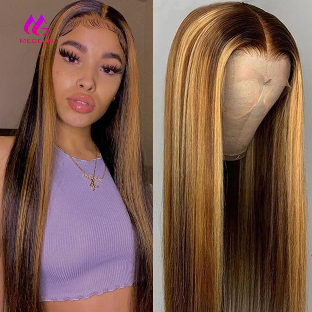 Megeen  Straight 100% Human Hair Highlight P427 Colored 13X4 Lace Front Wig Human Hair Pre Plucked Honey Blonde Lace Front Wig
