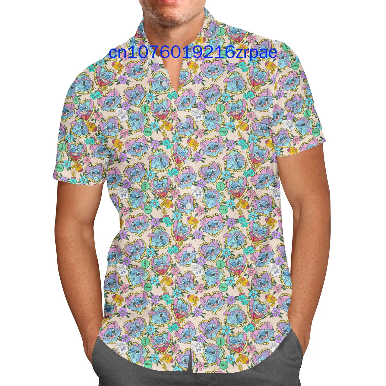 New Disney Tattoo Hearts Stitch 3D Print Men's Button Down Short Sleeve Shirt