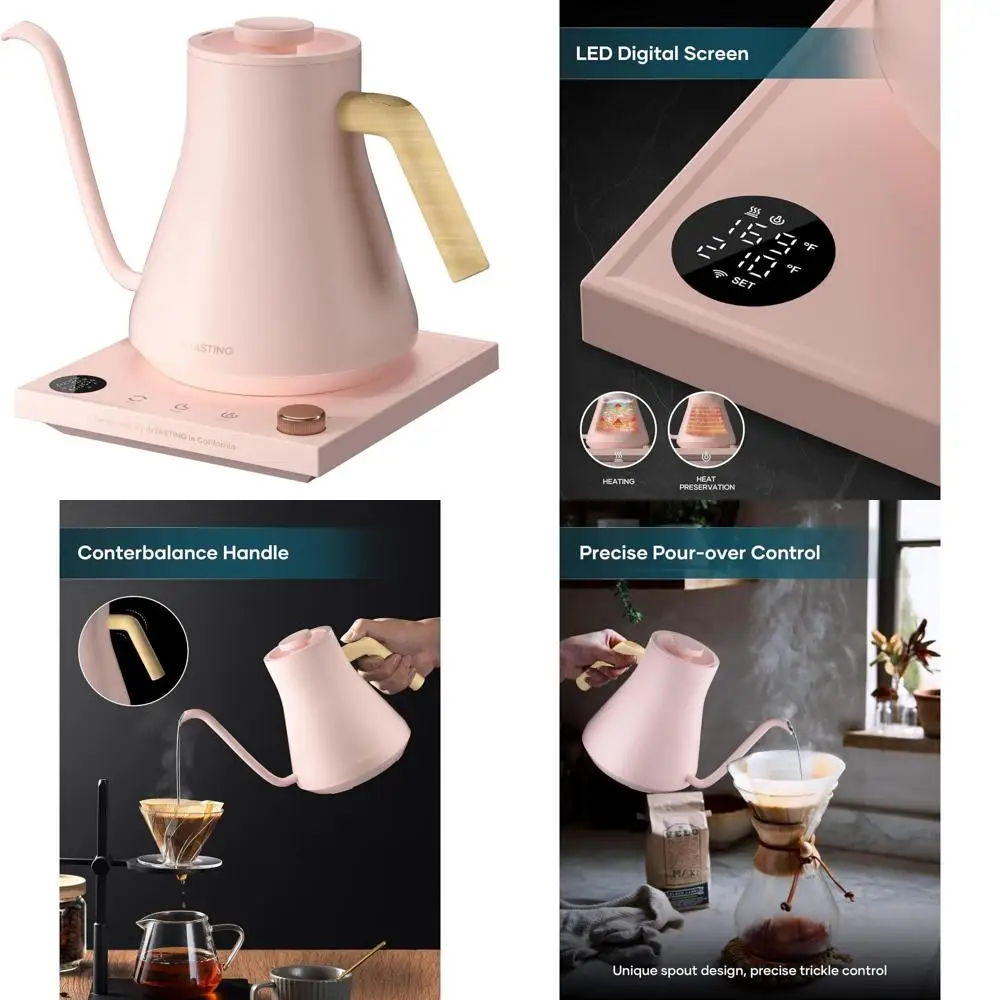 

Precision Temp Gooseneck Kettle, ±1°F Control, Stainless Steel, 0.9L Pink, Fast Boil for Coffee & Tea