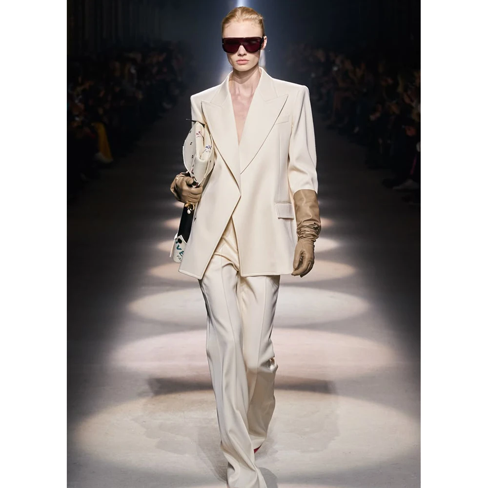 Ivory Oversized Peak Lapel Blazer Suit Set Women High Fashion Runway Style Straight-Leg Pants Formal Office Party 2 Piece Outfit