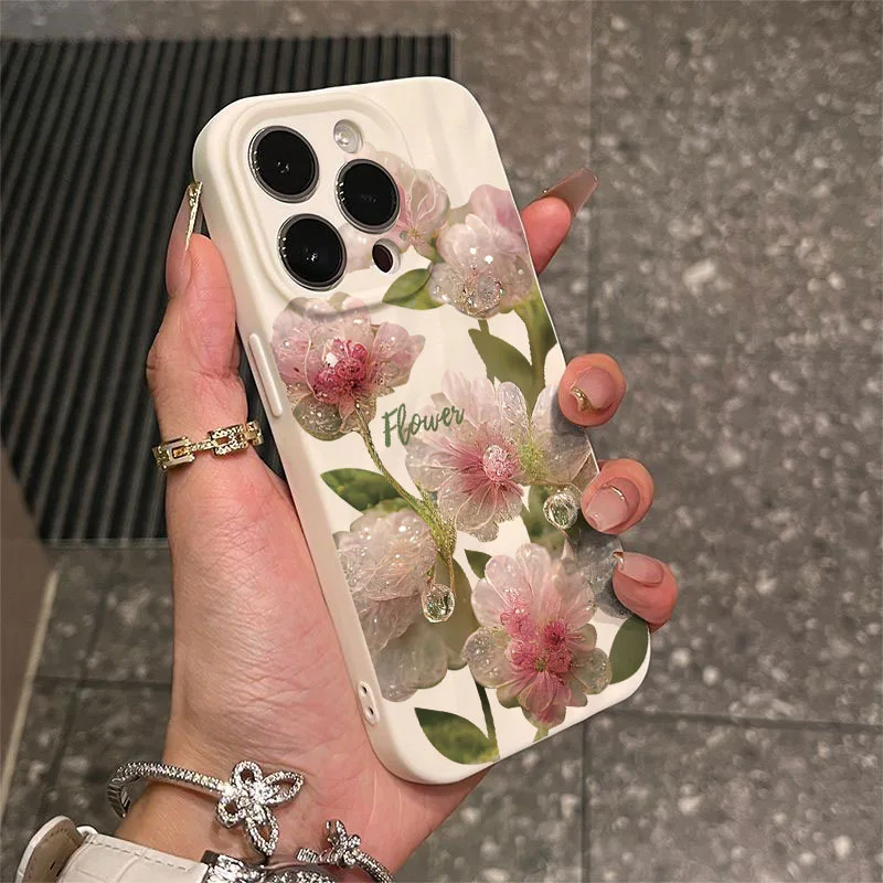 Niche Crystal Flower Pleated New Style Shockproof Phone Case For iPhone 15 Pro Max 14 Plus 13 12 11 XR X XS 8 7 Cover