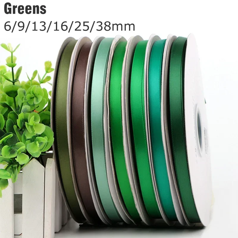 6/9/13/16/25/38mm GREEN Double Sided Satin Ribbon Solid Color Silky Ribbons 100% Polyester Dense Fabric Tapes Decoration 455410