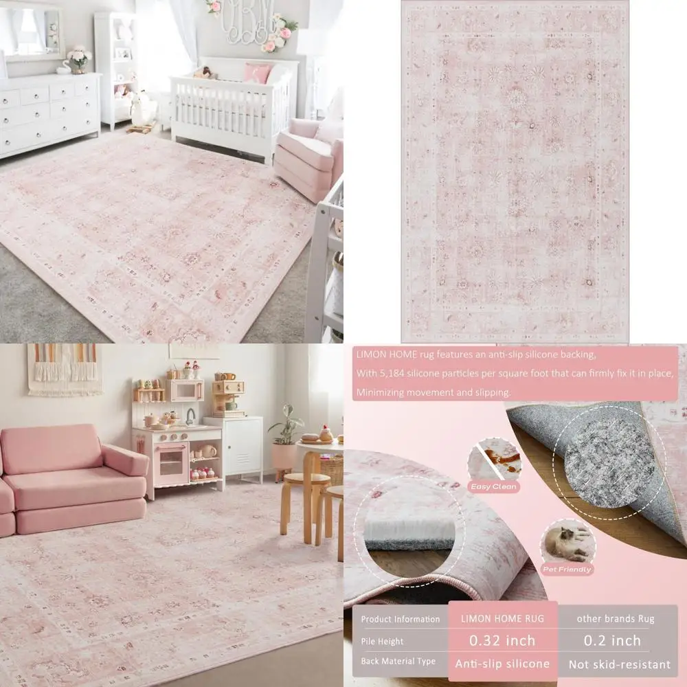 سجاد منطقة 8 × 10 مطبوع عليه زهور، فائق النعومة وغير قابل للانزلاق لغرفة المعيشة والأطفال والحضانة والسجاد الوردي الفاتح #1